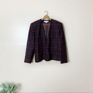[Jones New York] Vintage Dark Gray & Red Plaid Academia Wool Blazer